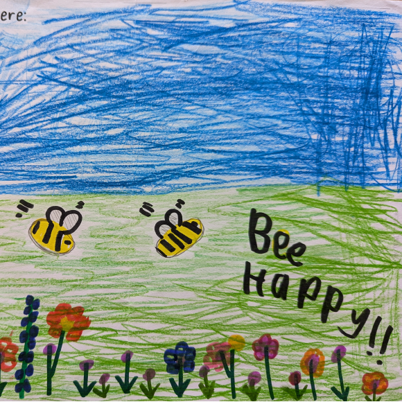 The original drawing of a bench design from one of the competition winners, featuring bees and flowers.