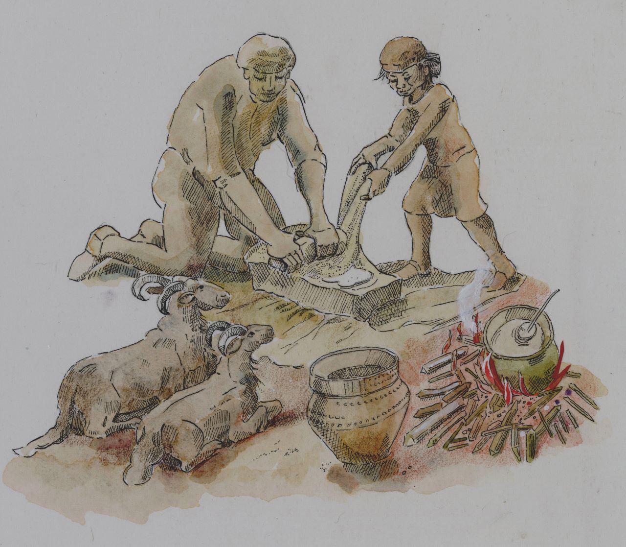 Neolithic settlers preparing food