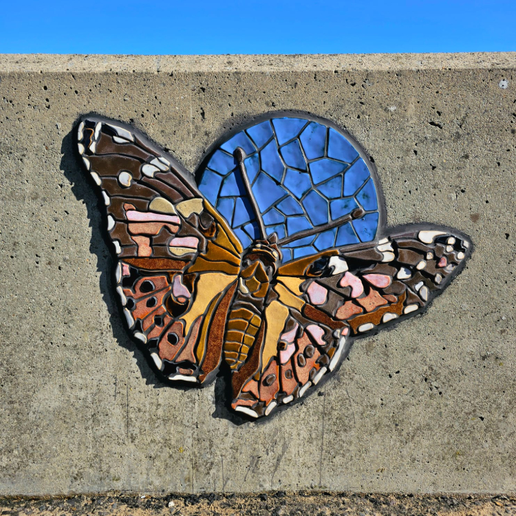A mosaic rendering of a butterfly embedded on the coastal wall