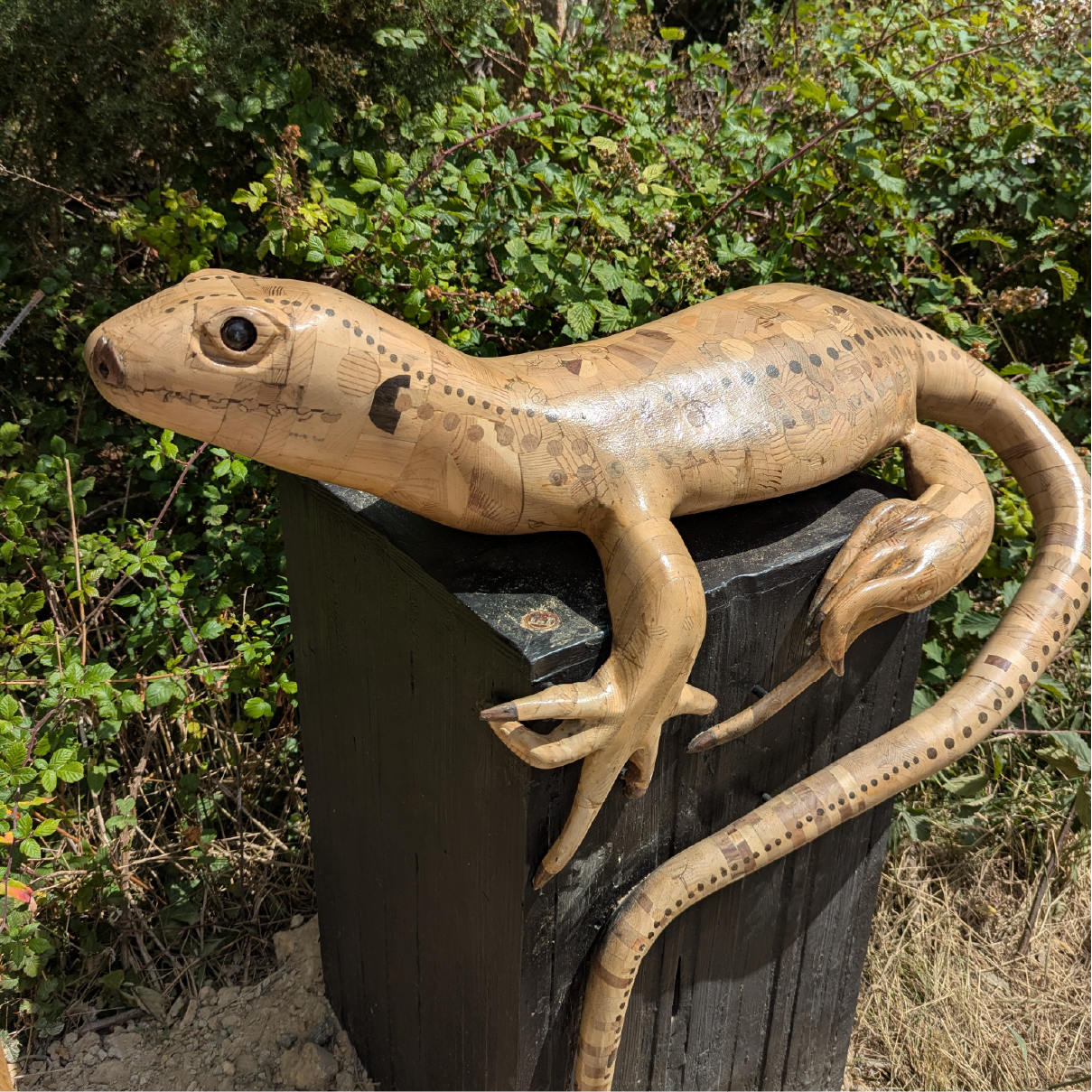 A wooden sculpture of a sand lizard on a post on the Ham Common trail.