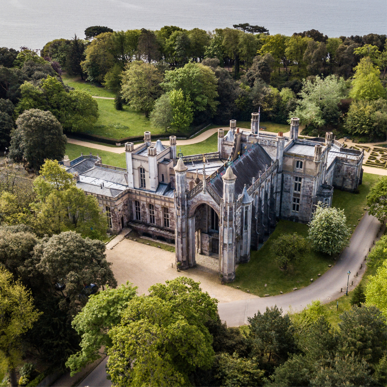 Aerial view of Highcliffe Castle and grounds.