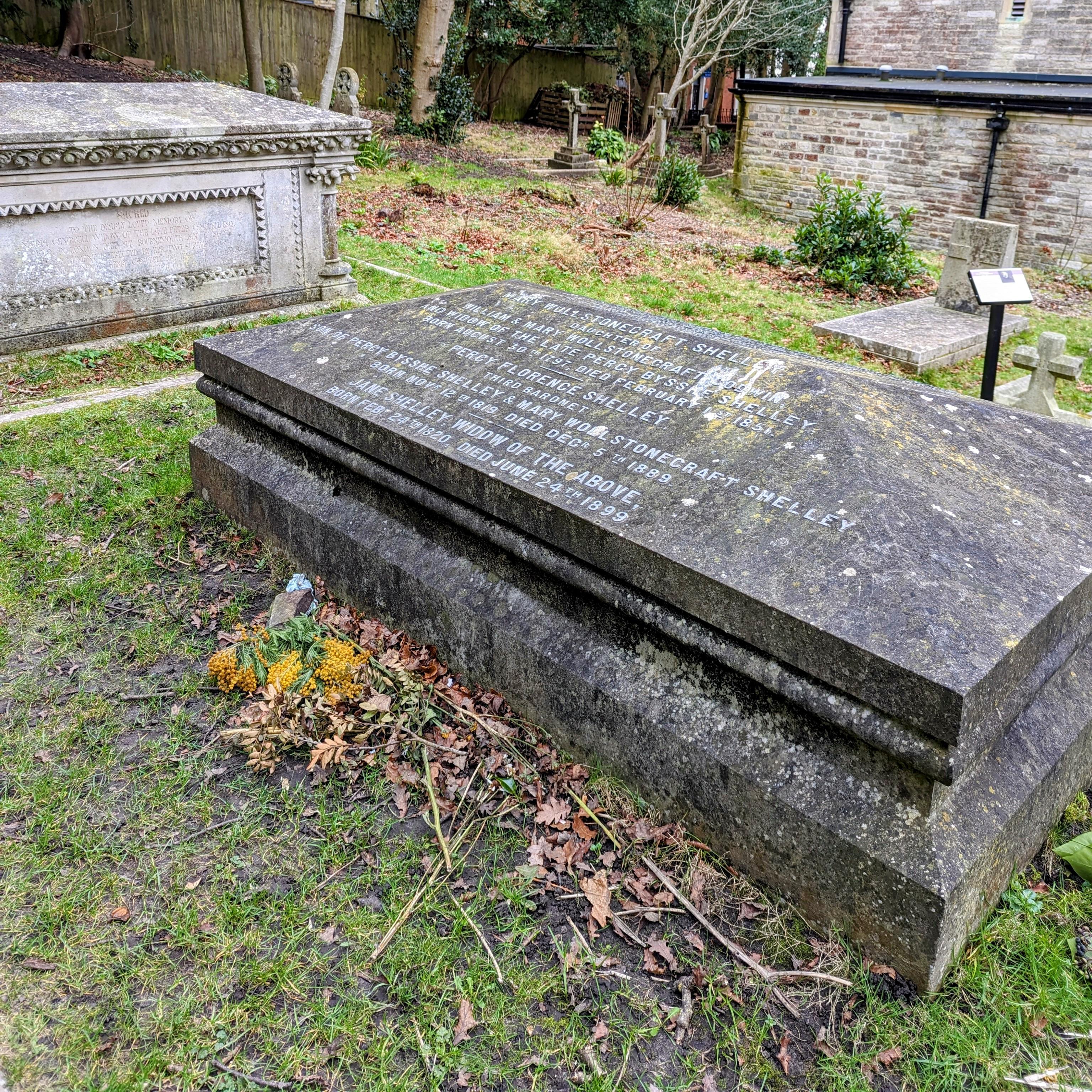 The Shelley family tomb, featuring engraved details of the deaths of Mary, Percy, their son Percy and his widow Jane