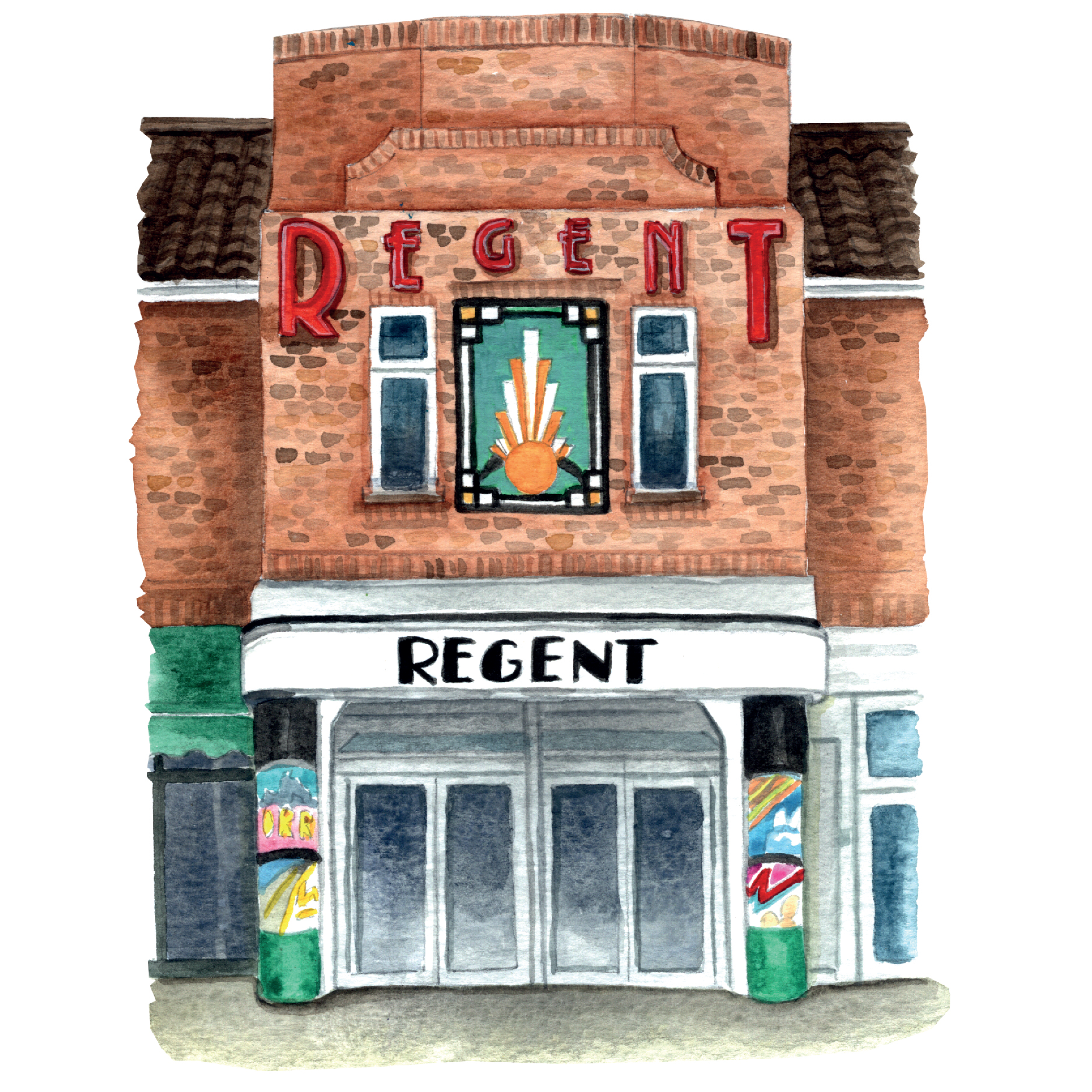 a painted illustration of the front of the Regent building.