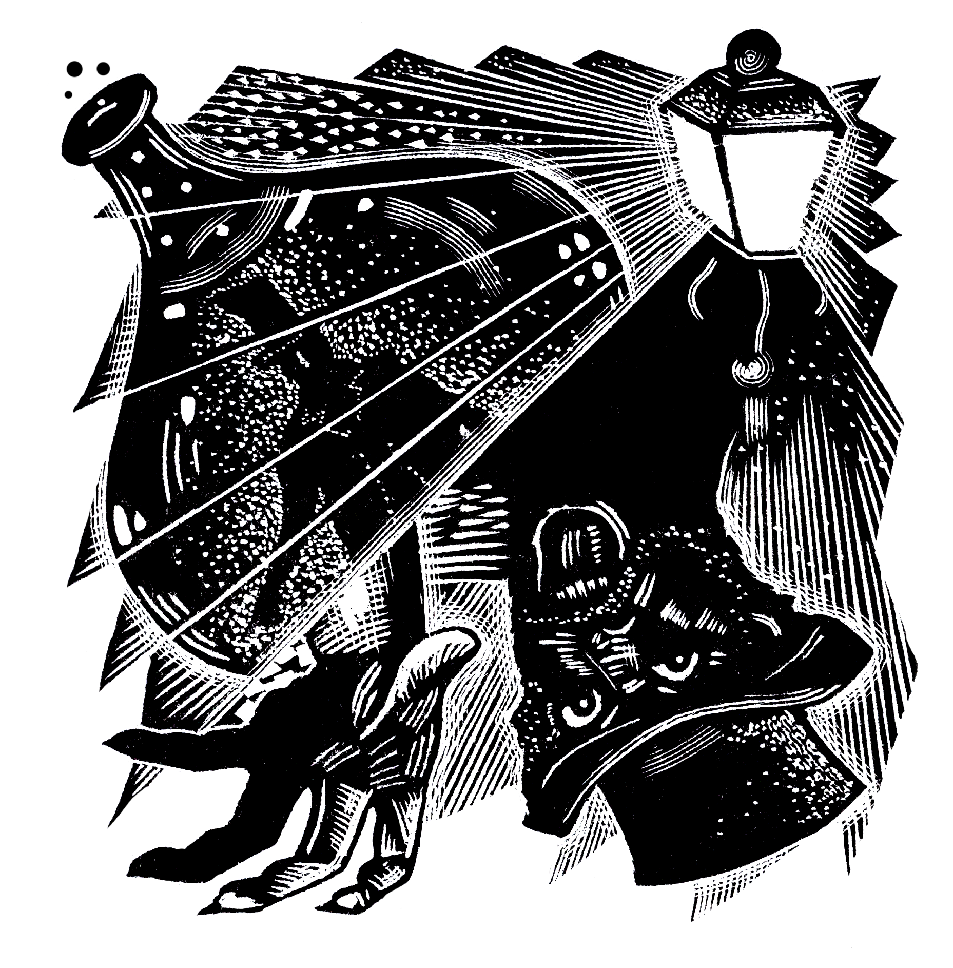 The full illustration of Robin Mackenzie's woodcut interpretation of Dr Jekyll and Mr Hyde