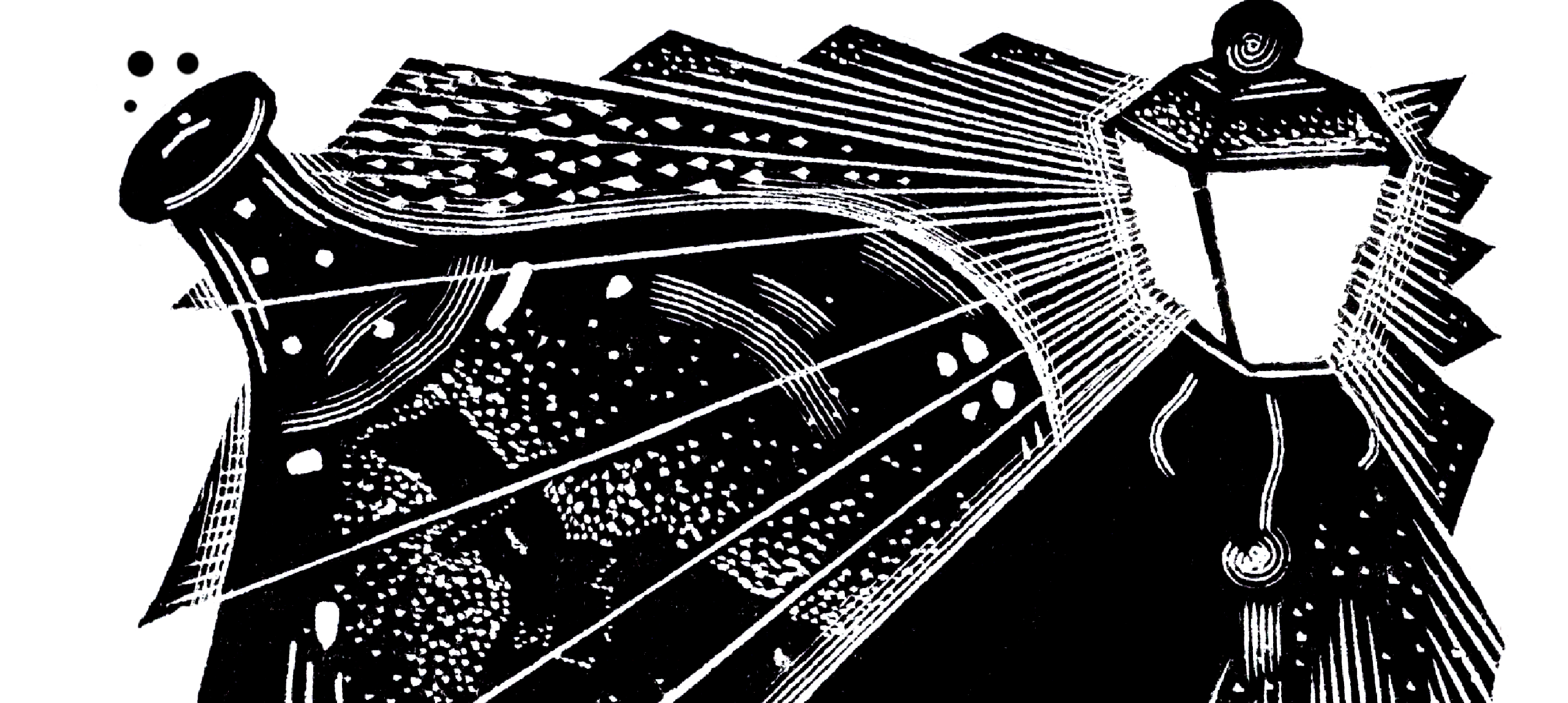 A streetlamp and a bottle containing a ghostly figure of a man, meant to represent "Dr. Jekyll and Mr. Hyde".