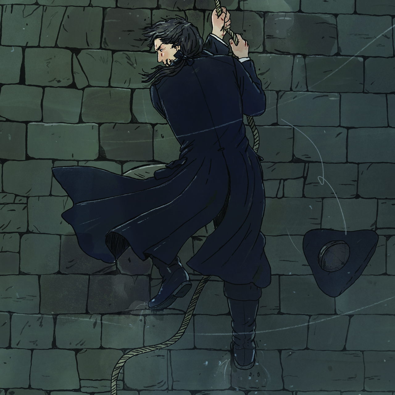 A man dressed in black shimmies down a stone wall on a rope, as his hat is blown away.