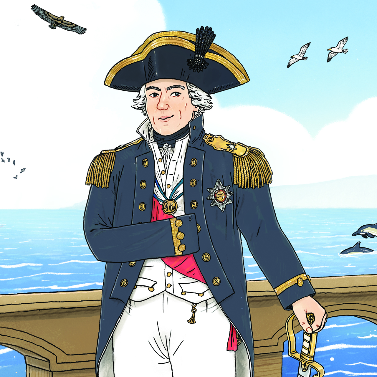 A decorated naval officer in full uniform poses at the edge of a ship.