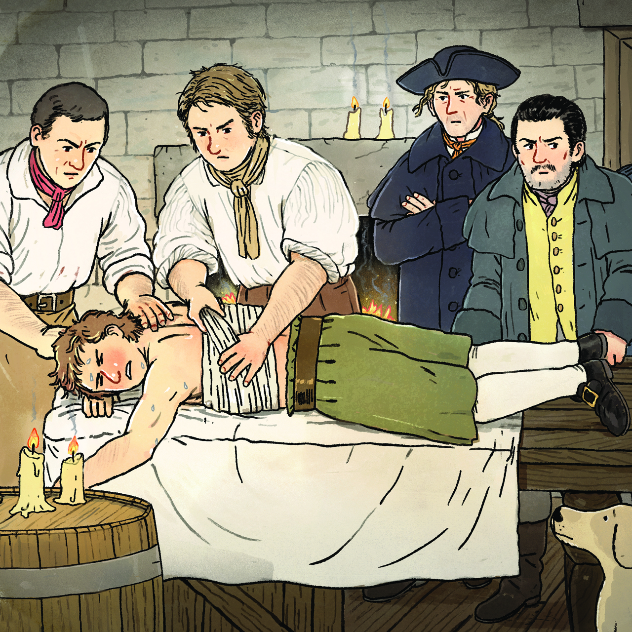 A man laying face-down in pain is tended to by a doctor, while three men look on in concern.
