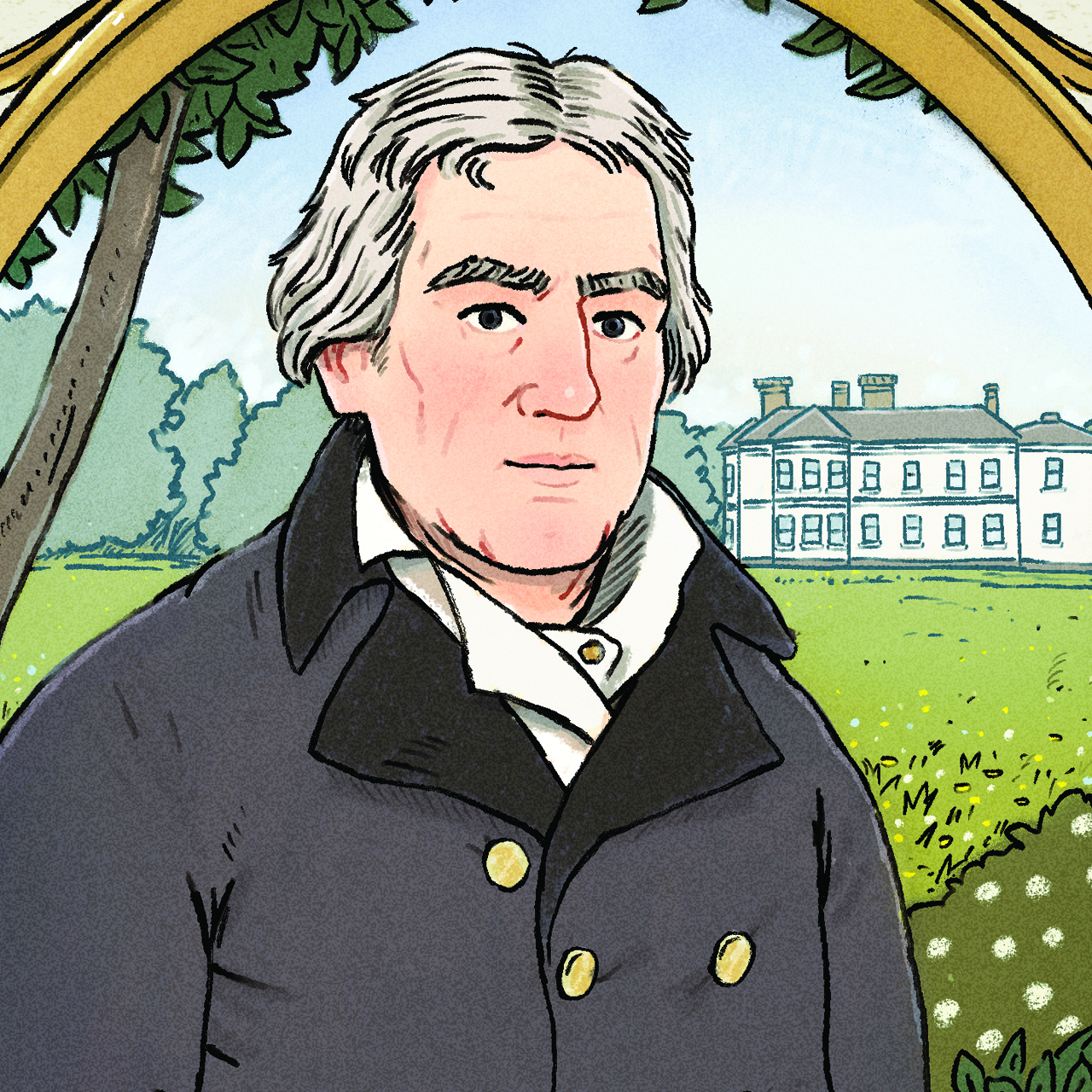An illustration of a grey-haired man in a coat with a country mansion in the background.