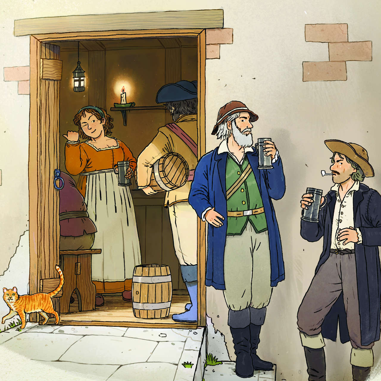 Illustration of the entrance to an inn, with drinkers outside and a maid and deliveryman inside.