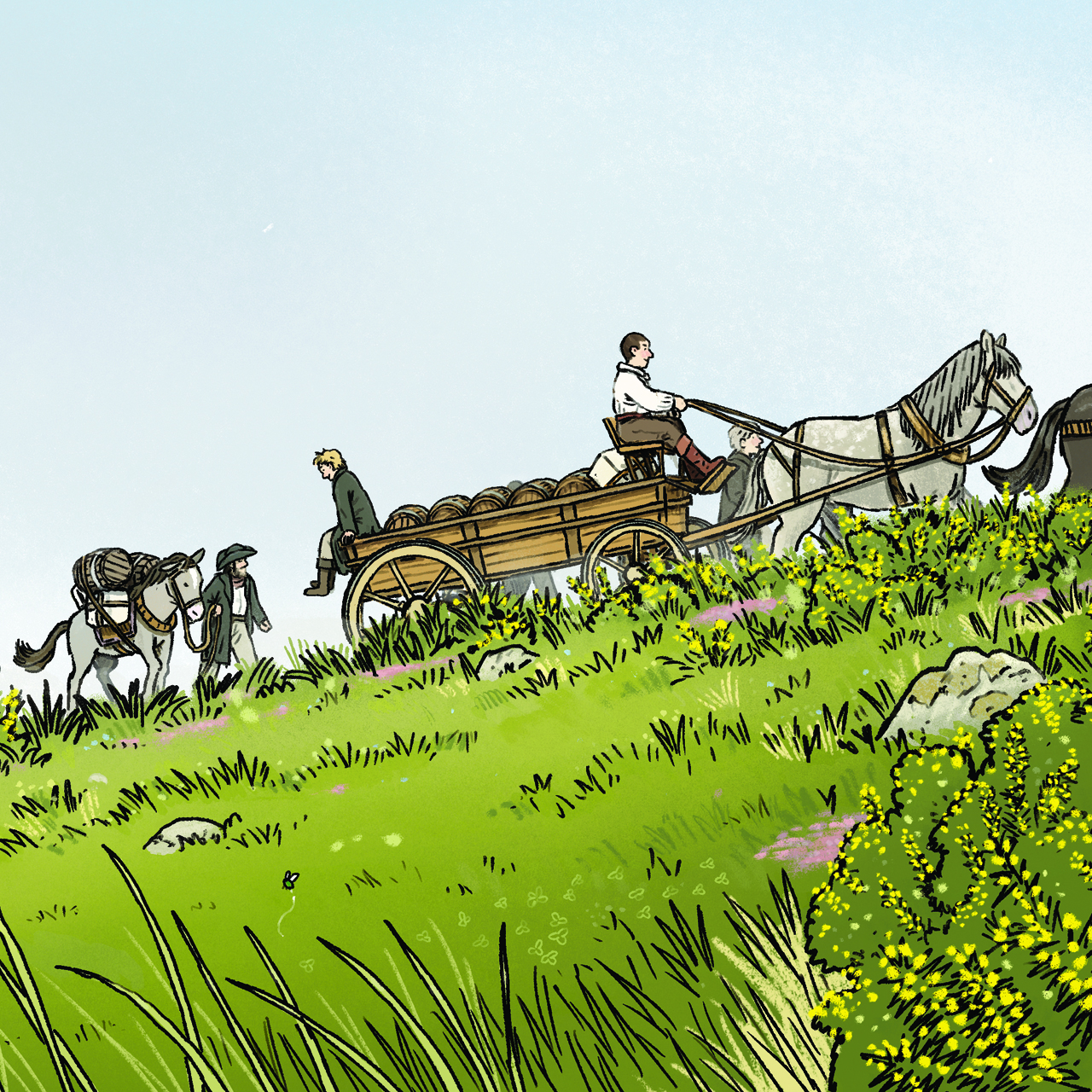 a horse and rider travel up a grassy hill with a cart full of goods