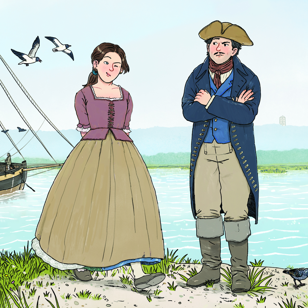 A young woman in humble clothing winks at an unimpressed looking man in sailing gear.