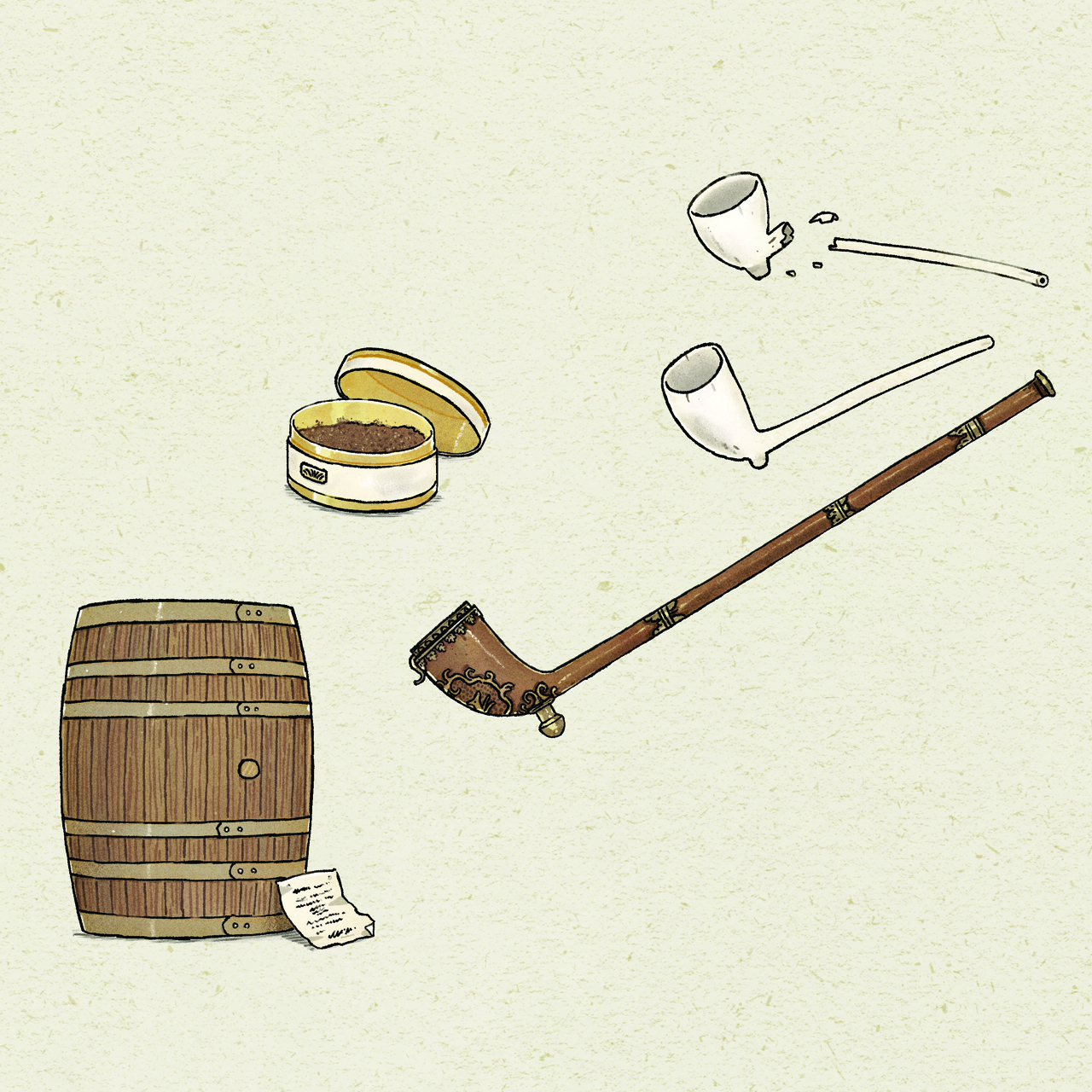 An illustration of smuggled goods, a keg and smoking pipes.