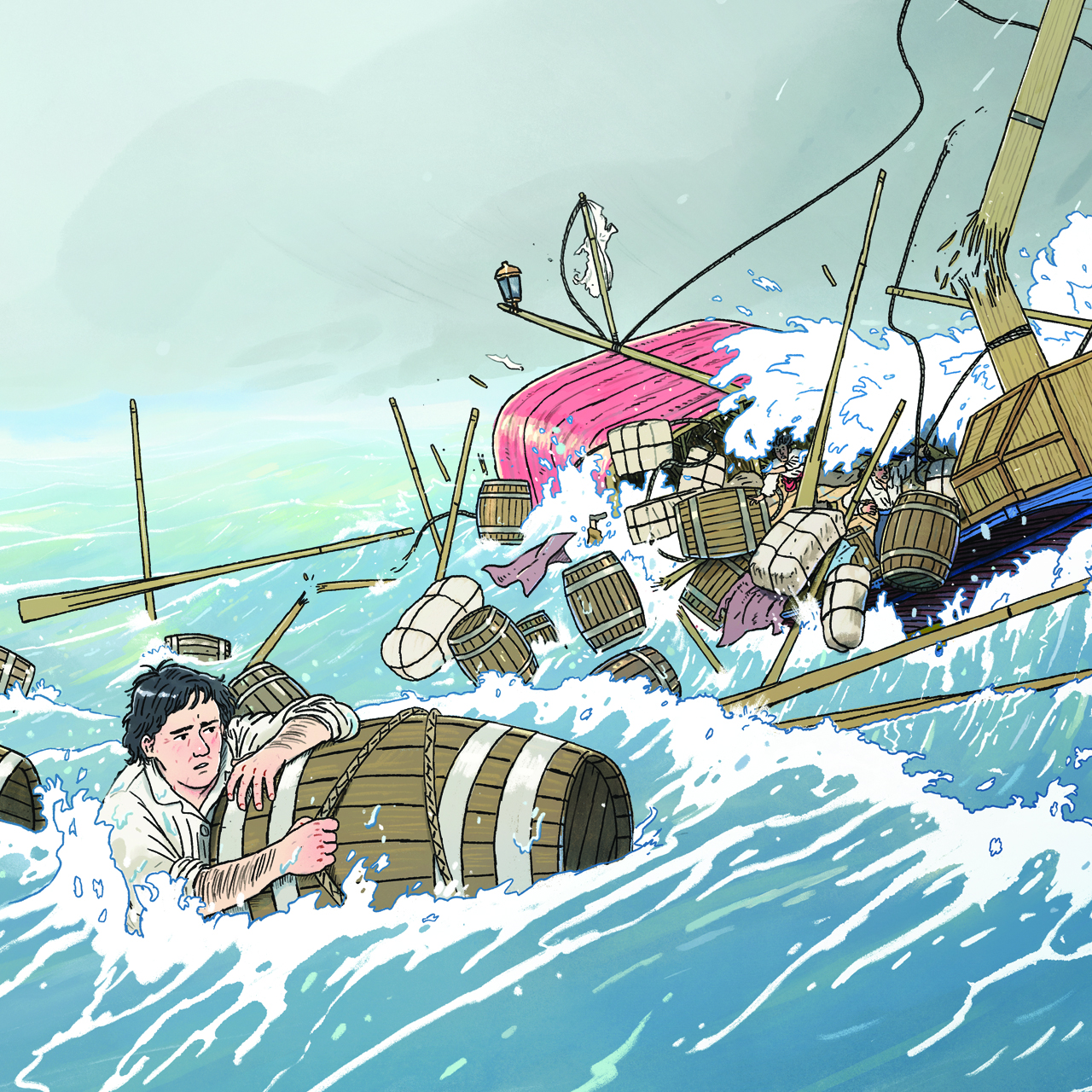 A man clutches on to a keg in stormy seas as a boat full of goods shatters in the background.