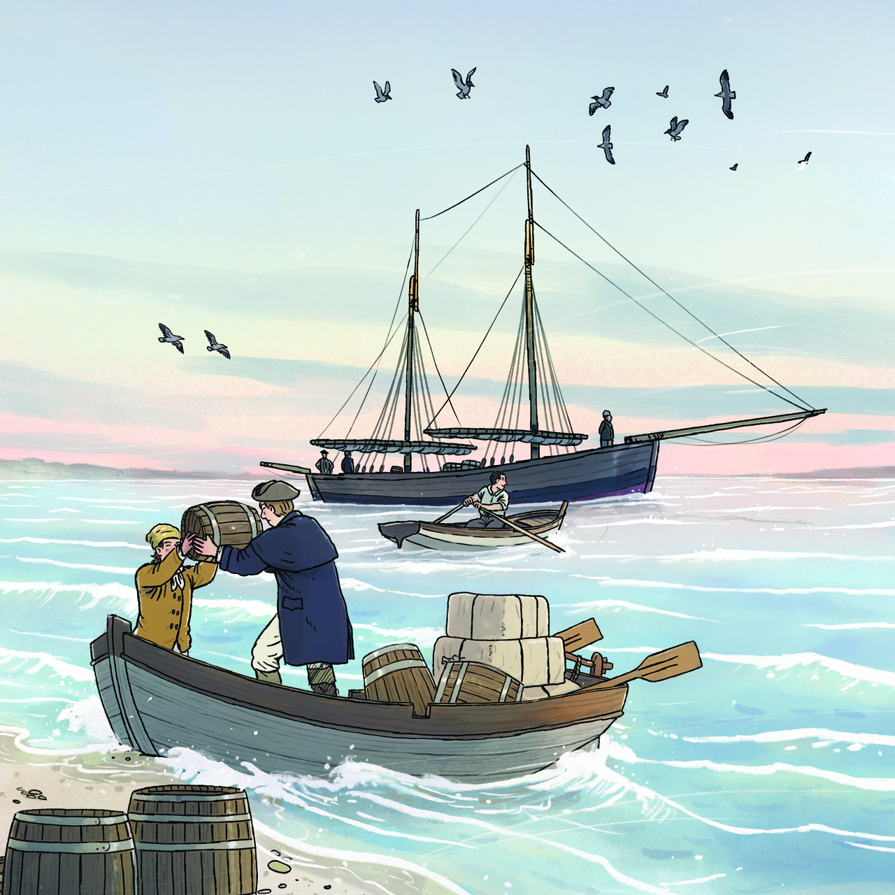 A pair of smugglers offload goods from a rowboat onto the beach, with a sailboat in the background.