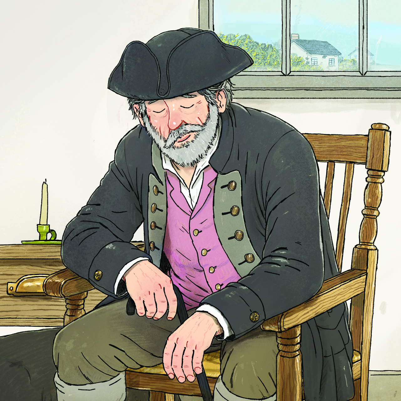 An old bearded man in sailing gear sits with his eyes closed, cane in hand.