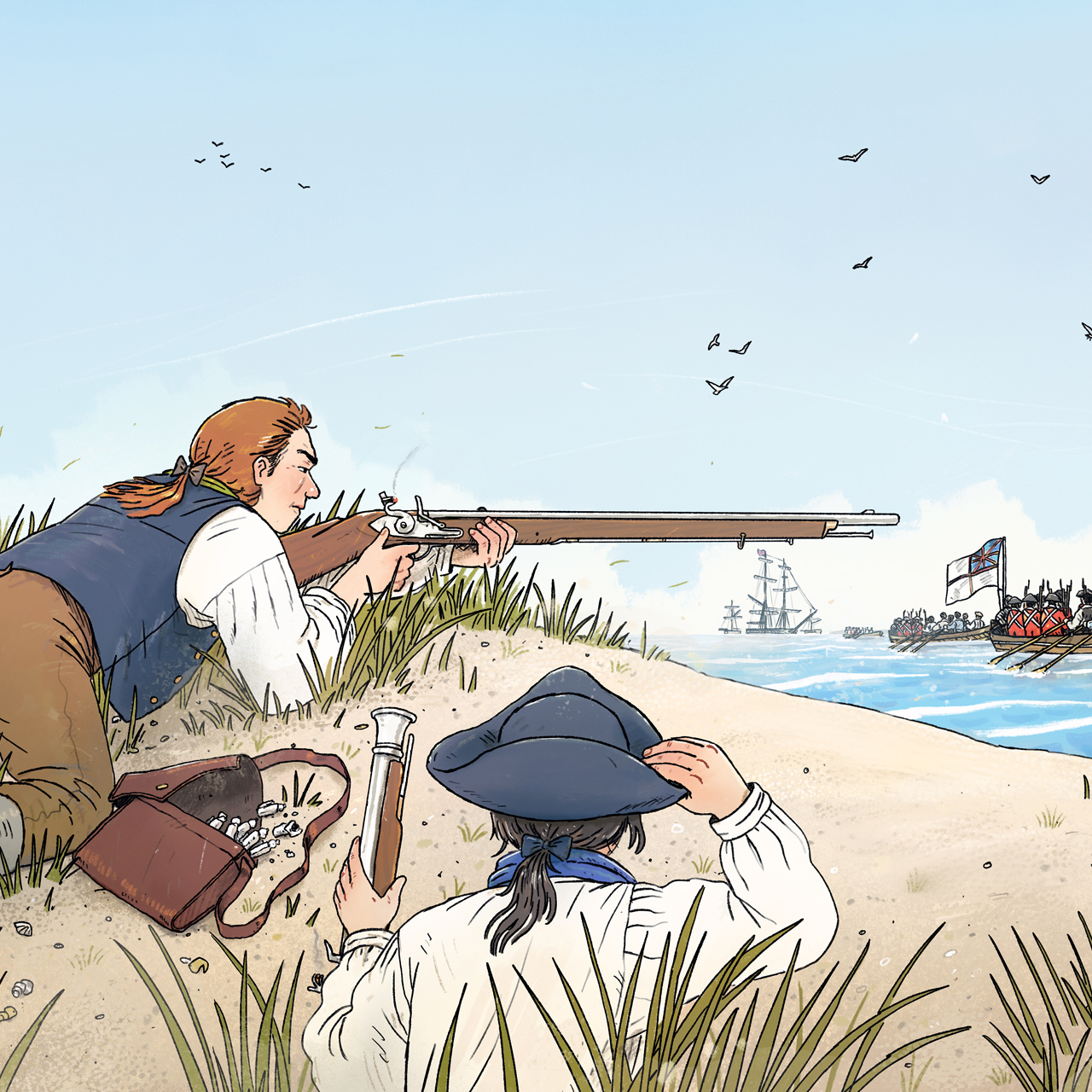 Two riflemen take cover on a beach dune while aiming at a rowboat full of soldiers out at sea.