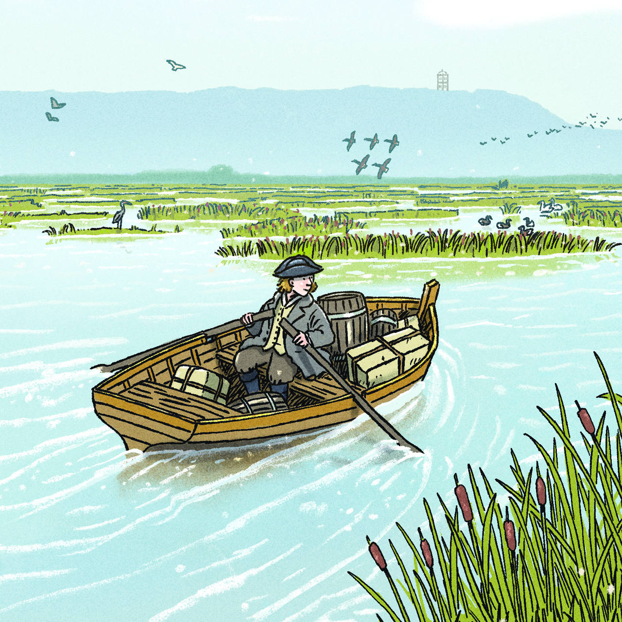 An illustration of a man rowing goods through the marsh.