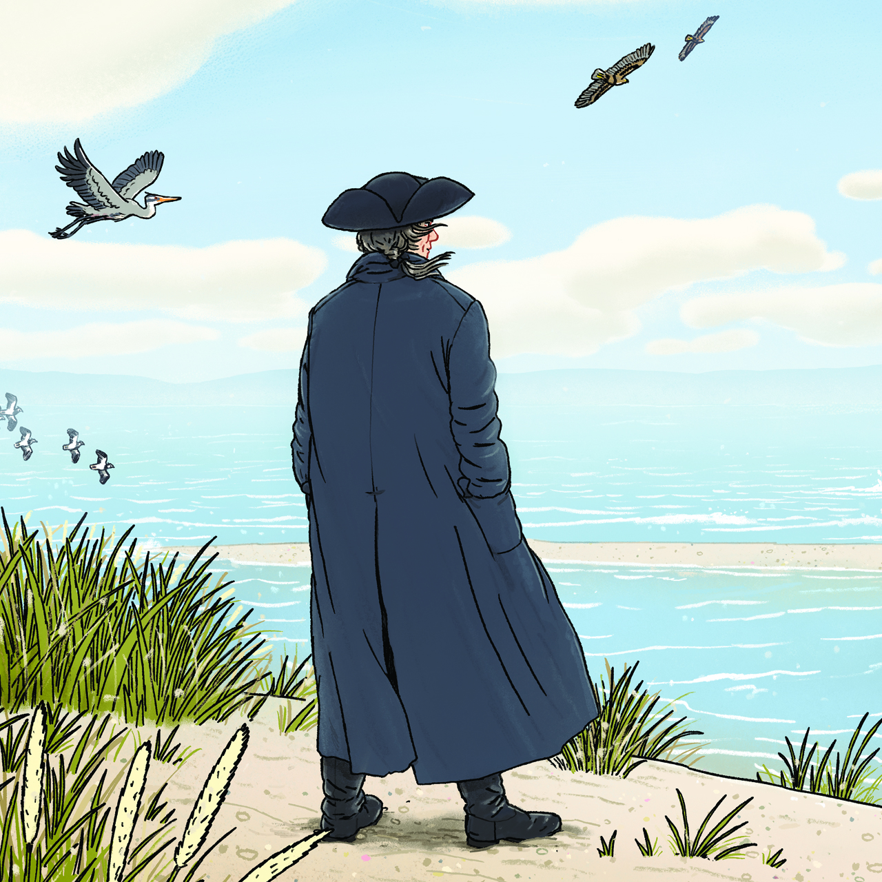 An illustration of Streeter looking out at the sea.