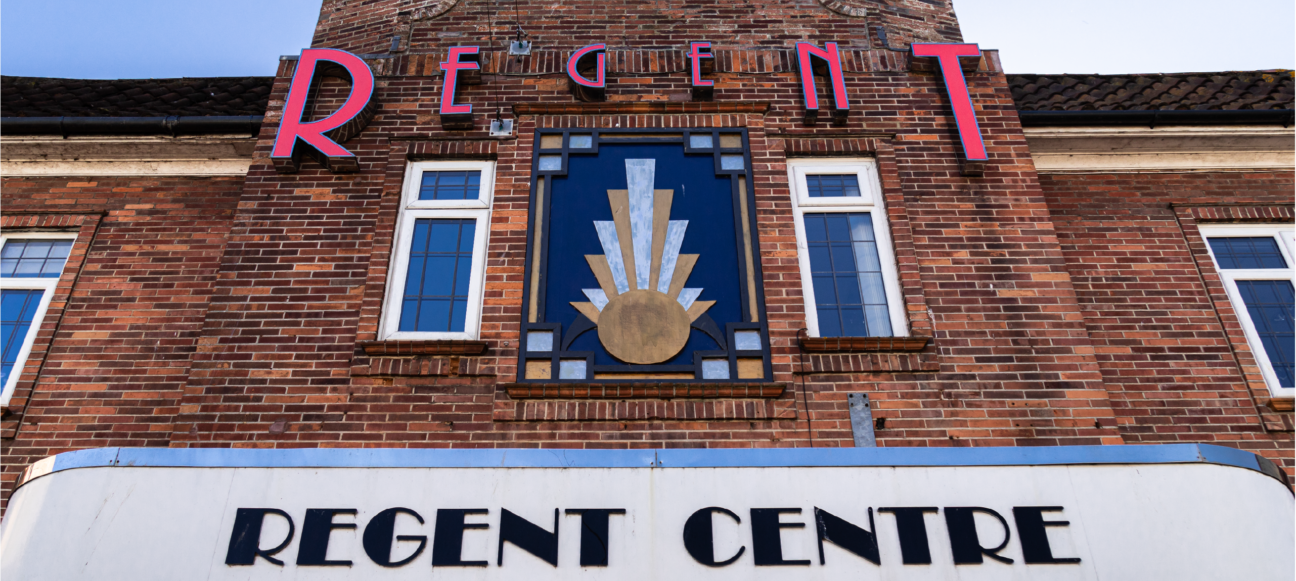 A photo of the art deco detail on the front of the Regent in Christchurch.