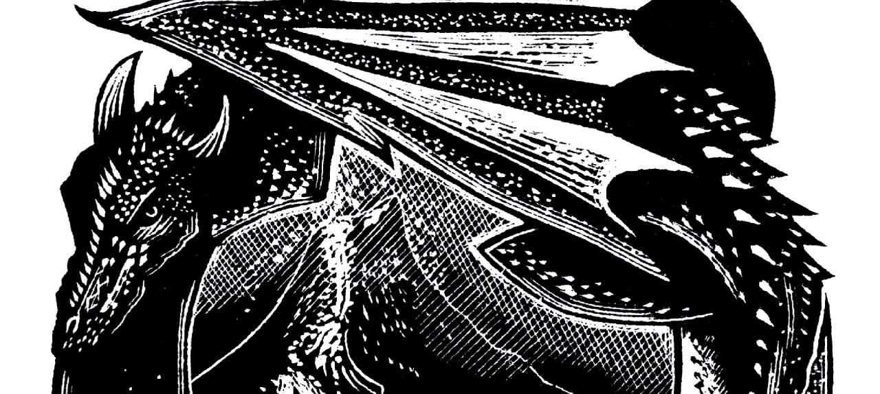 A woodcut illustration of a dragon.
