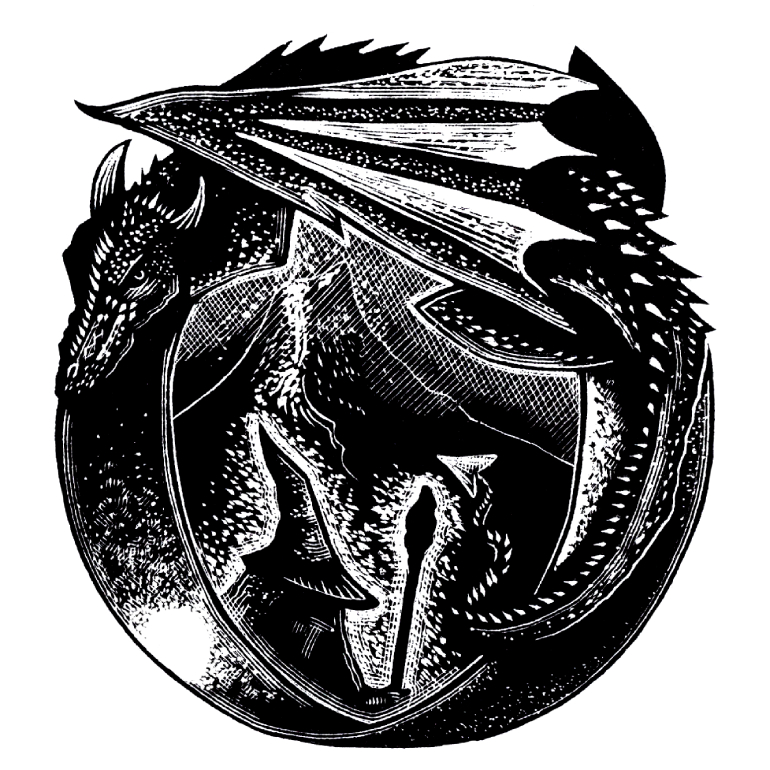 A woodcut illustration of a dragon encircling a silhouetted figure of a wizard.